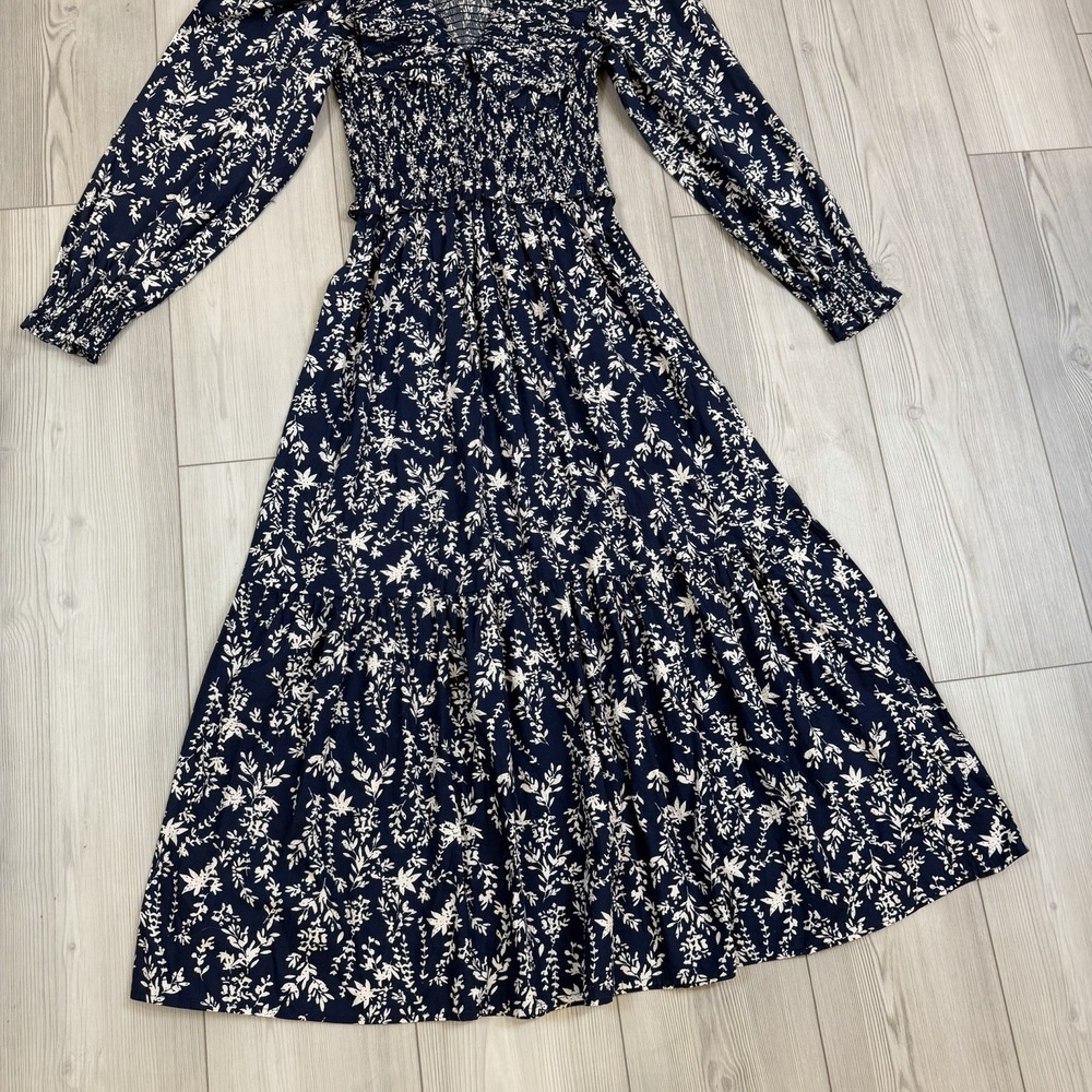 Anthropologie Moon River Ruffle Shirred Midi Dress Womens XS Blue White Floral - Picture 4 of 13
